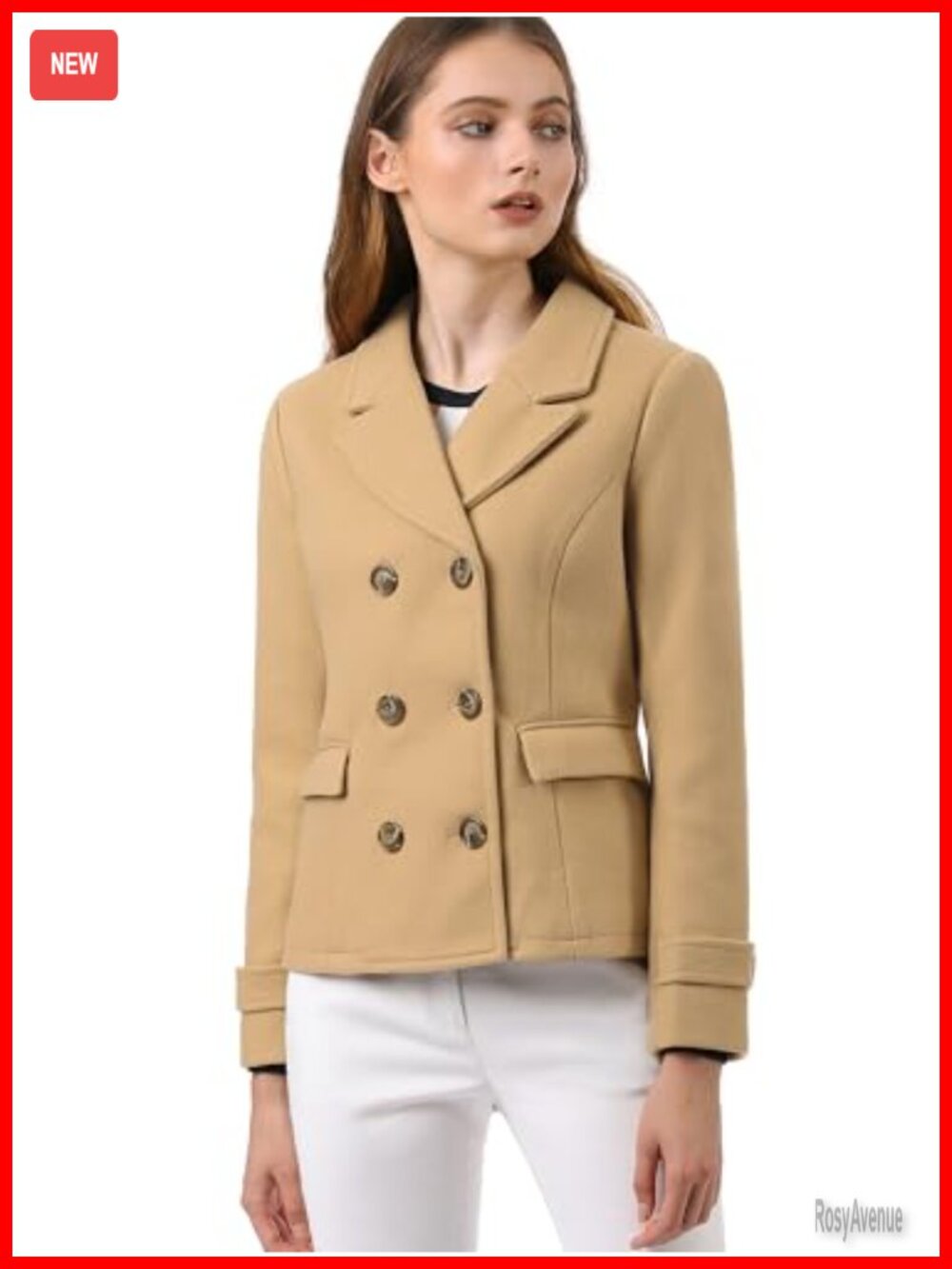 Women's Notched Lapel Double Breasted Pea Coat Long Sleeve Lined Workwear